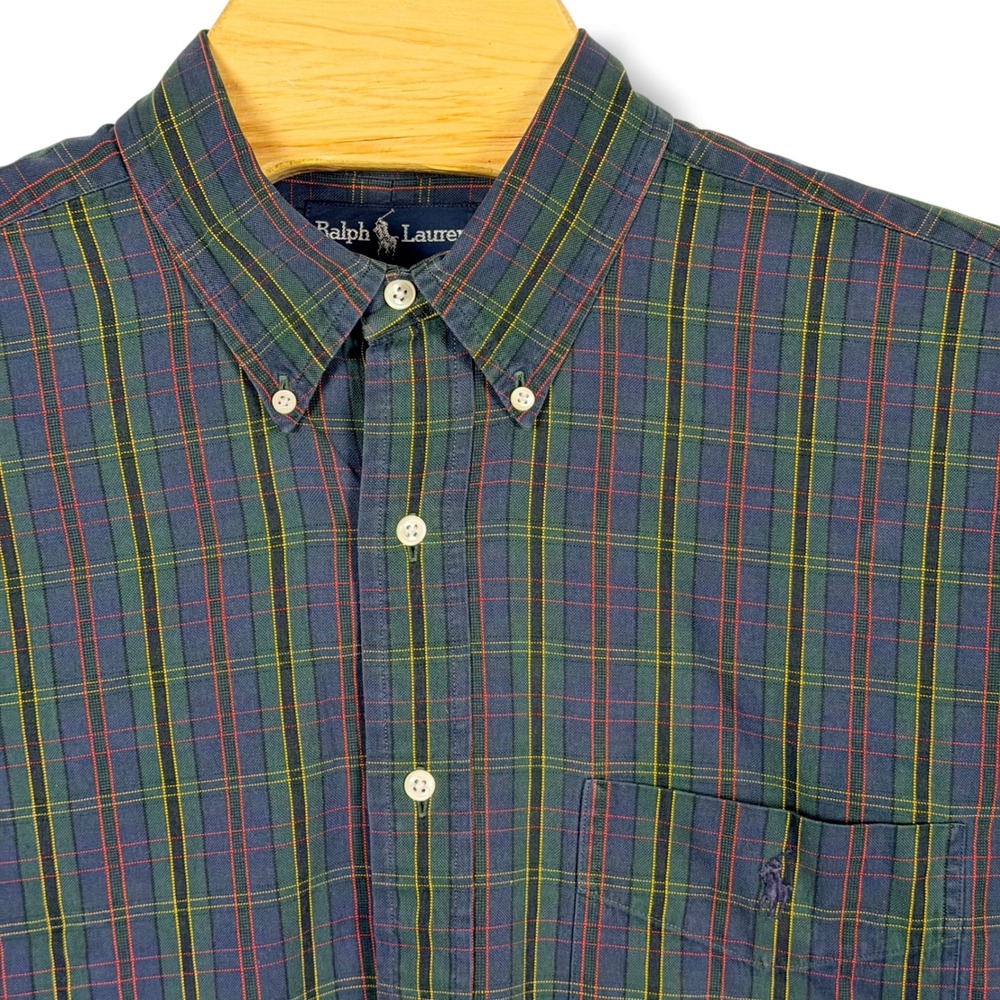 Vintage Ralph Lauren Button Down Men L Green Tartan Plaid Cotton Big Shirt Pony